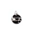 Exquisite round black obsidian pendant featuring a silver dolphin and wave design. - Obsidian