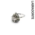 Adjustable silver-tone heart cage ring featuring a natural grey labradorite stone centerpiece - Flash Stone (Labradorite)