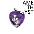 Pendentif en cristal d'améthyste violette en forme de cœur avec accents de fleurs - Améthyste
