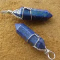 Elegante blauwe zeshoekige kristallen hanger ketting met zilveren draad gewikkeld - Zeshoekige Kolom Draadwikkel Stijl / Lapis lazuli