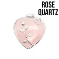 Élégant pendentif en quartz rose en forme de cœur avec rose argentée en métal poli - Quartz rose