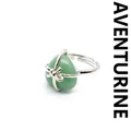Natural heart-shaped green aventurine jade ring with elegant silver bow ribbon design - Aventurine Jade