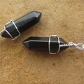 Pendentif artisanal en obsidienne noire hexagonale avec enroulement de fil argenté - Style Enveloppé de Fil de Colonne Hexagonale / Obsidienne