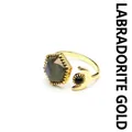Adjustable gold-plated ring featuring hexagonal labradorite stone and crescent moon. - Labradorite (Gold)