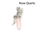 Rose quartz hexagonal natural stone pendant with silver fairy design - Rose Quartz