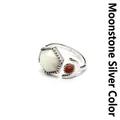 Silver open ring featuring a hexagonal moonstone and a crescent moon with red stone - Moonstone (Silver)