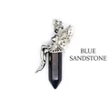 Hexagonal blue sandstone crystal pillar pendant featuring a sitting silver fairy figure - Blue Sandstone