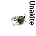 Verstellbarer silberner Mondsichelring mit natürlichem grünem Unakit-Edelstein - Vintage Mondring / Einstellbar Offen / Unakit