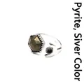 Bohemian silver-tone open ring featuring a faceted pyrite stone and crescent moon. - Hematite (Silver)