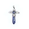 Detailed view of natural blue sodalite crystal hexagonal pillar pendant with silver wings - Hexagonal Column Pendant / Blue Sodalite