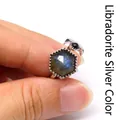 Elegant silver open ring featuring a faceted hexagonal labradorite stone and black bead - Labradorite (Silver)