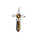 Gothic natural tiger eye stone hexagonal column pendant with silver bat wings detail - Hexagonal Column Pendant / Tiger's Eye