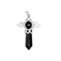Gothic silver-tone bat wings pendant featuring a black hexagonal crystal and stone bead - Hexagonal Column Pendant / Obsidian