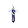 Detailed view of lapis lazuli hexagonal crystal pendant with silver devil wings - Hexagonal Column Pendant / Lapis Lazuli