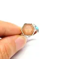 Handcrafted hexagon sunstone silver open ring with a turquoise bead accent for her - Sunstone (Silver)