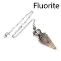 Conical dowsing pendulum featuring fluorite crystal chips and crown silver chain accessory - Fluorite