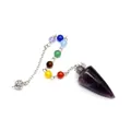 Detailed close-up view of an amethyst conical pendulum featuring seven colorful chakra beads - Amethyst