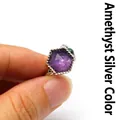 Elegant hexagonal purple crystal ring in silver finish featuring an adjustable open band - Amethyst (Silver)