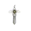 Detailed view of natural stone hexagonal prism pendant with silver angel wing design - Hexagonal Column Pendant / Labradorite