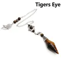Natural tiger's eye stone dowsing pendulum with hexagram and dreamcatcher charms on silver chain - Tiger's Eye