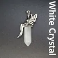 Elegant white crystal hexagonal prism pendant with a silver-tone metal fairy topper. - White Crystal
