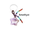 Handmade natural amethyst star keychain with colorful seven chakra bead tassels on white background - Amethyst