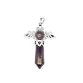Macro detail of a natural stone hexagonal pillar crystal pendant with silver wings. - Hexagonal Column Pendant / Amethyst