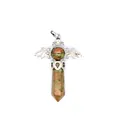 Detailed view of natural unakite crystal hexagonal pillar pendant with bat wings - Hexagonal Column Pendant / Unakite