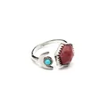 Bohemian silver open ring featuring hexagonal rhodochrosite and turquoise moon accent. - Rhodochrosite (Silver)