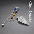 Clear white crystal conical pendulum with seven chakra stone beads on silver chain - White Crystal