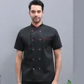 Professional men's black short-sleeved chef jacket with stylish red piping and buttons - M / Tops / Short Sleeve Black