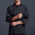 Professional black chef uniform jacket with red trim detailing and double-breasted buttons - M / Tops / Long Sleeve Black