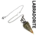 Labradorite crystal chip resin dowsing pendulum featuring a silver crown cap and chain - Labradorite