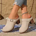 Stylish chunky heel closed-toe mules for women featuring a decorative buckle design - 36 / Beige