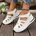 Detailed view of women's white platform hollow sandals with adjustable hook and loop straps. - 35 / White (9929)