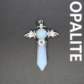 Minimalist white opal hexagonal pillar crystal pendant necklace with angel wings - Hexagonal Column Pendant / Opal
