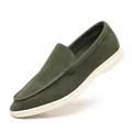 Detailed view of dark green suede loafers for men featuring a premium breathable design - Green