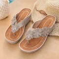 Casual beige wedge flip-flop sandals featuring floral decorations and rhinestone accents - 36 / Gray