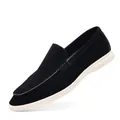 Detailed side view of black suede breathable casual men's loafers with white soles. - 39 / Black