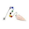 Rose quartz cone dowsing pendulum with seven colorful chakra beads on metal chain - Rose Quartz