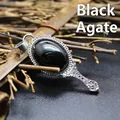 Elegant vintage silver magic mirror pendant necklace with natural oval black agate gemstone - Black Agate