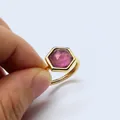 Elegant adjustable gold-plated ring featuring a hexagonal natural purple amethyst crystal - Amethyst / Gold