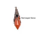 Hexagonal faceted natural red stone crystal pendant with ornate wire wrap witch hat design - Red Jasper (Antique Copper)