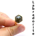 Elegant adjustable golden ring featuring a hexagonal cut natural labradorite gemstone. - Labradorite / Gold