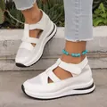 Side view of white wedge sandals with hollow-out mesh and velcro straps for women - 35 / White (9930)