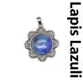 Vintage style antique silver flower pendant necklace with round blue lapis lazuli stone - Lapis Lazuli