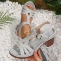 Light blue T-strap sandals with comfortable block heel and hollowed-out design - 36 / Gray