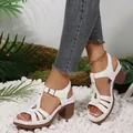 Stylish white block heel sandals with buckle strap and cut-out design for women - 36 / White
