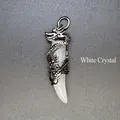 Elegant white crystal wolf tooth pendant with intricate silver dragon wrap jewelry - White Crystal