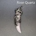 Rose quartz dragon pendant with wolf tooth shape in vintage silver finish - Rose Quartz
